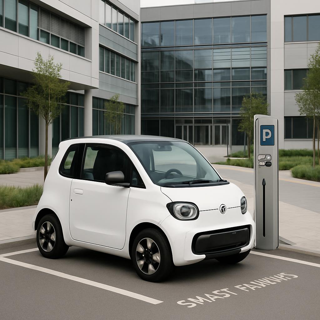 A small white electric car parked in a compact parking spot with a designated parking meter.
