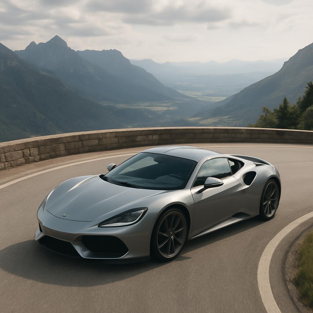 A silver sports car driving on a winding road in the mountains.