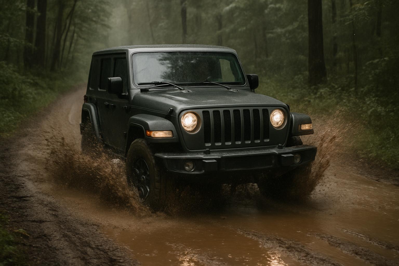 A dark-colored Jeep Wrangler navigates a muddy, unpaved road through a forest.